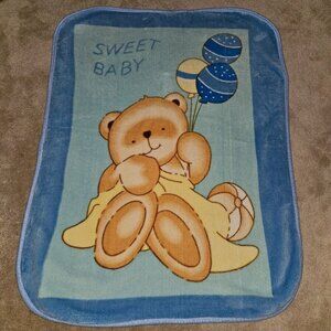VTG Sweet Baby Blue Baby Blanket Teddy Bear Balloons Brown Yellow 39x52